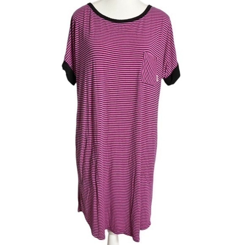 DKNY Pink and Black Striped Tshirt Style Mini Dress with Front Pocket